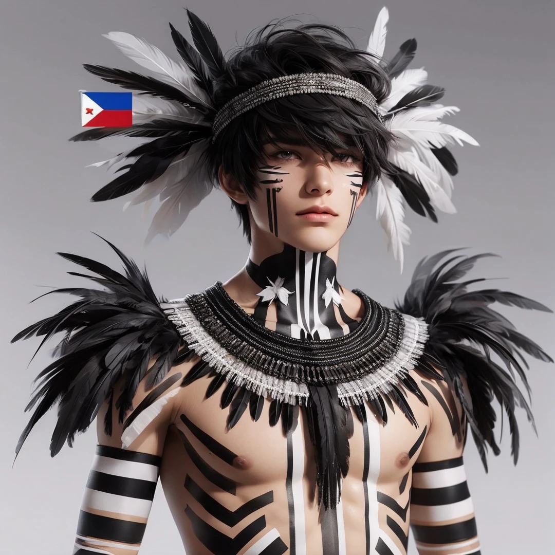 Handsome boy, black hair, brown eyes, wearing black and white feather headdress