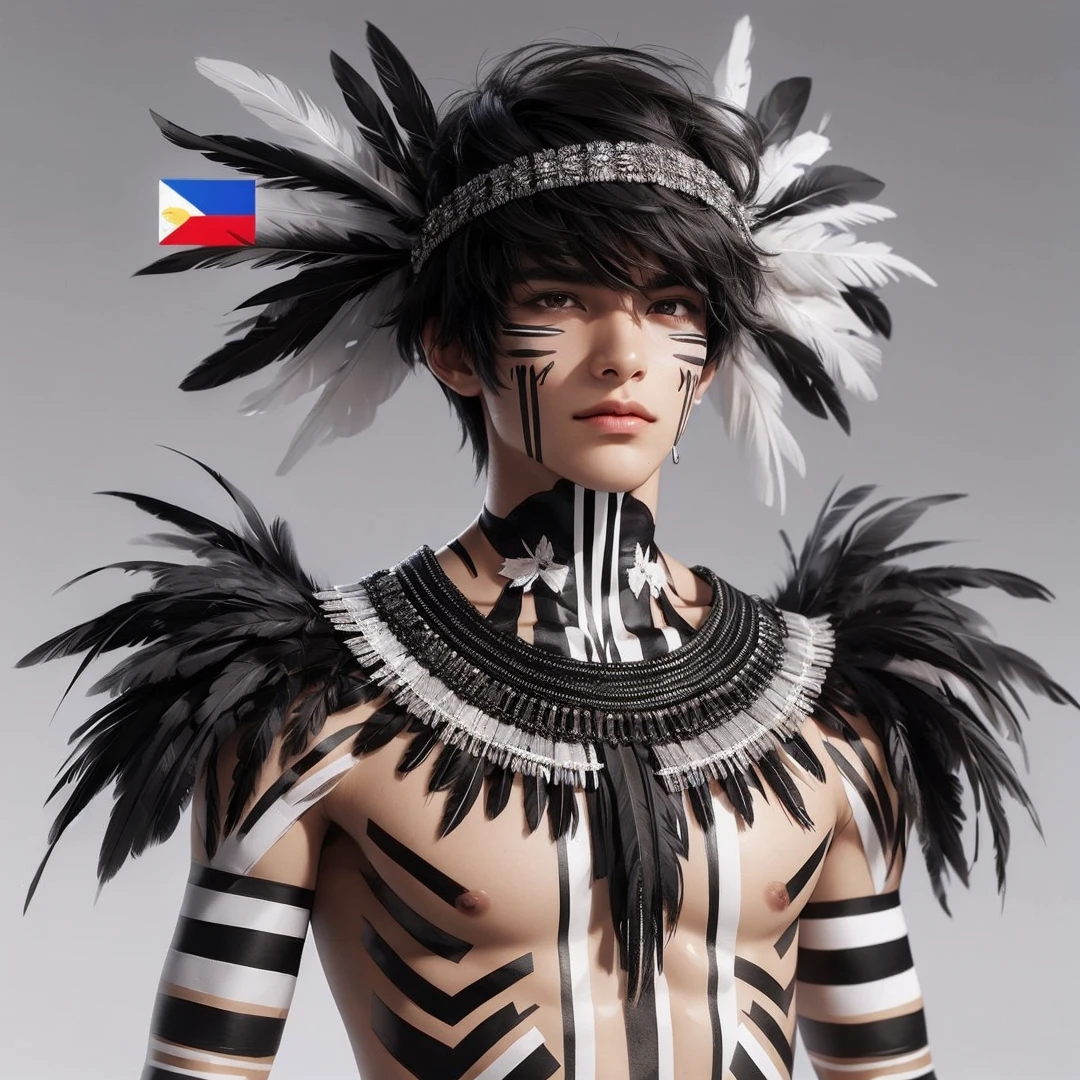 Handsome boy, black hair, brown eyes, wearing black and white feather headdress