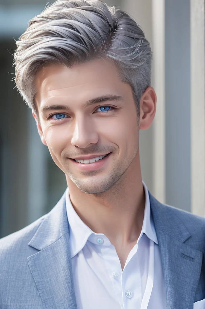 ((masterpiece)), Highest quality, Super detailed, floating, High resolution, (1 male), short hair, Gray Hair, blue eyes, Smile Facial, White shirt, White blazer.About 30