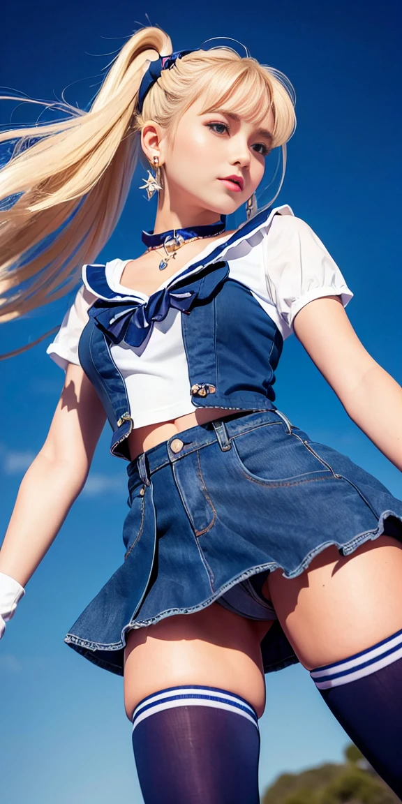 masterpiece, Highest quality, High resolution, Sailor Moon, 1 Girl, alone, Sailor Warrior Uniforms, Rabbit, Blonde, Magical girl, blue eyes, Orange Skirt, Elbow-length gloves, tiara, 20% pleated mini skirt , Hair Ribbon, blue sailor necklace, 20% mini skirt, choker, Red Bow, blue choker, White gloves, Very long hair, jewelry, Earrings, Denim Shot, Bottom View, ((Intricate details)), smile,View from below