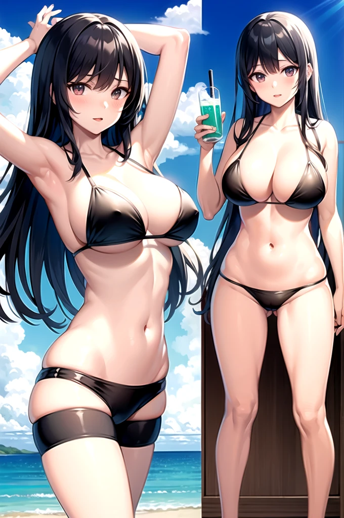 18 year old beautiful girl、shiny black hair、Hime cut、J-cup huge breasts、172cm tall、Long legs、Gravure idol、bikini、Sandy Beach、Blue sky