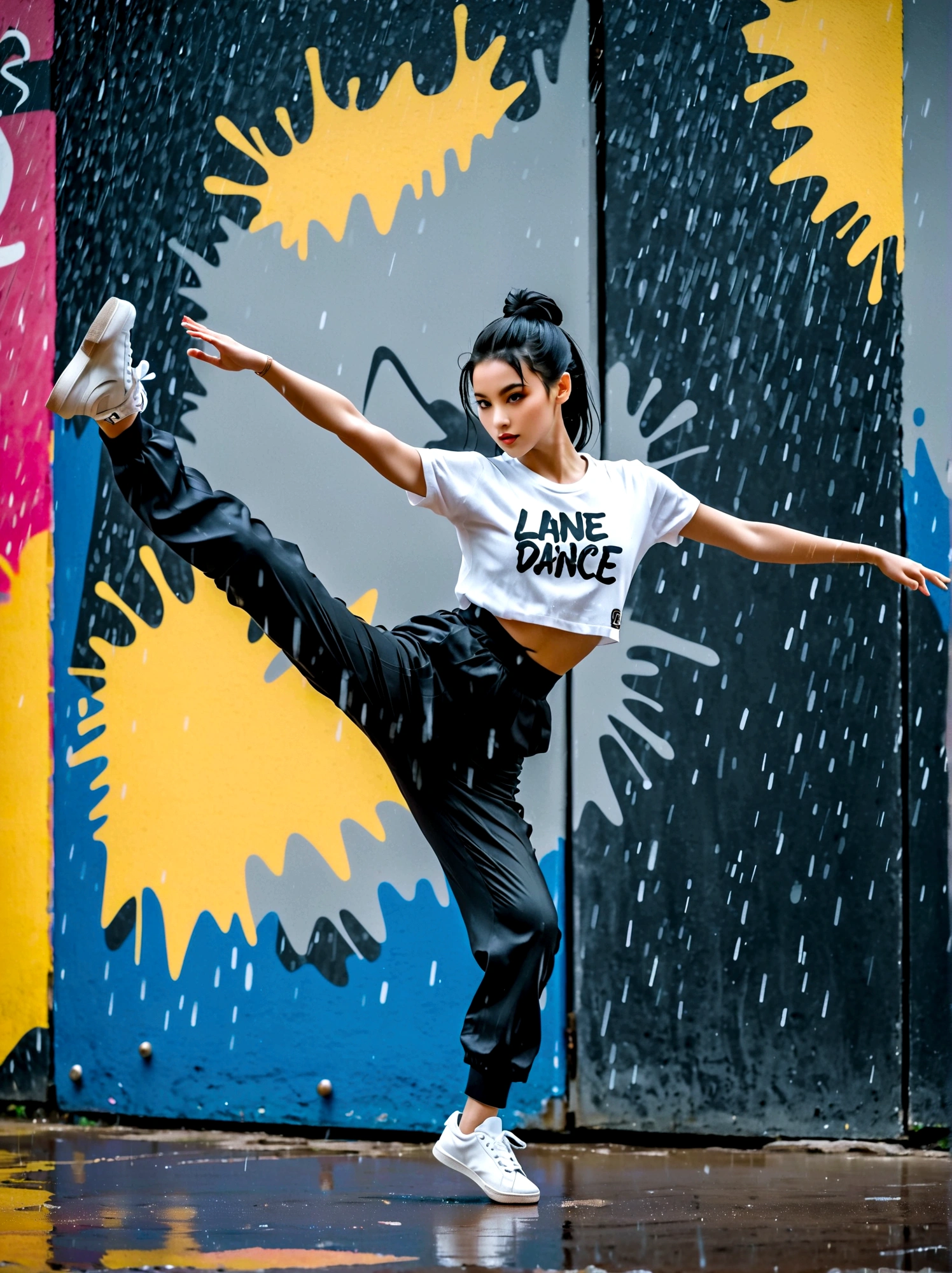 A girl full of energy,Showing off her breakdancing skills on a graffiti-covered urban dance floor,She was barefoot,Loose and comfortable clothes,Perfect for dancing,Her black hair was tied into a high ponytail.,One hand rotation,Spin your feet in the air,In the heavy rain,The scene is filled with cold rain,The audience was impressed,She performed a complex move with ease.,The energy she captures is palpable,The air is filled with the rhythm of street music