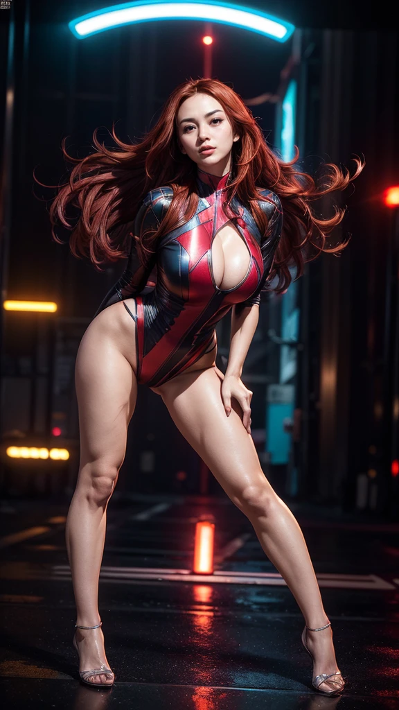 (masterpiece), (best quality), (ultra detailed), (epic lights reflections), glowing, luminous neon lights, 1girl, red eyes, red hair, full makeups, red lips, fit body hair blown by strong winds, she is Psylocke superhero, hair blown by winds, ((full body)), symmetrical pose, model posing in the middle, 