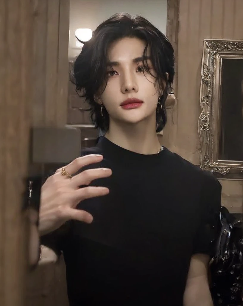 HYUNJIN HWANG, black wavy hair, highlighted cheekbones, thick lips, iris grises, slanted eyes. 