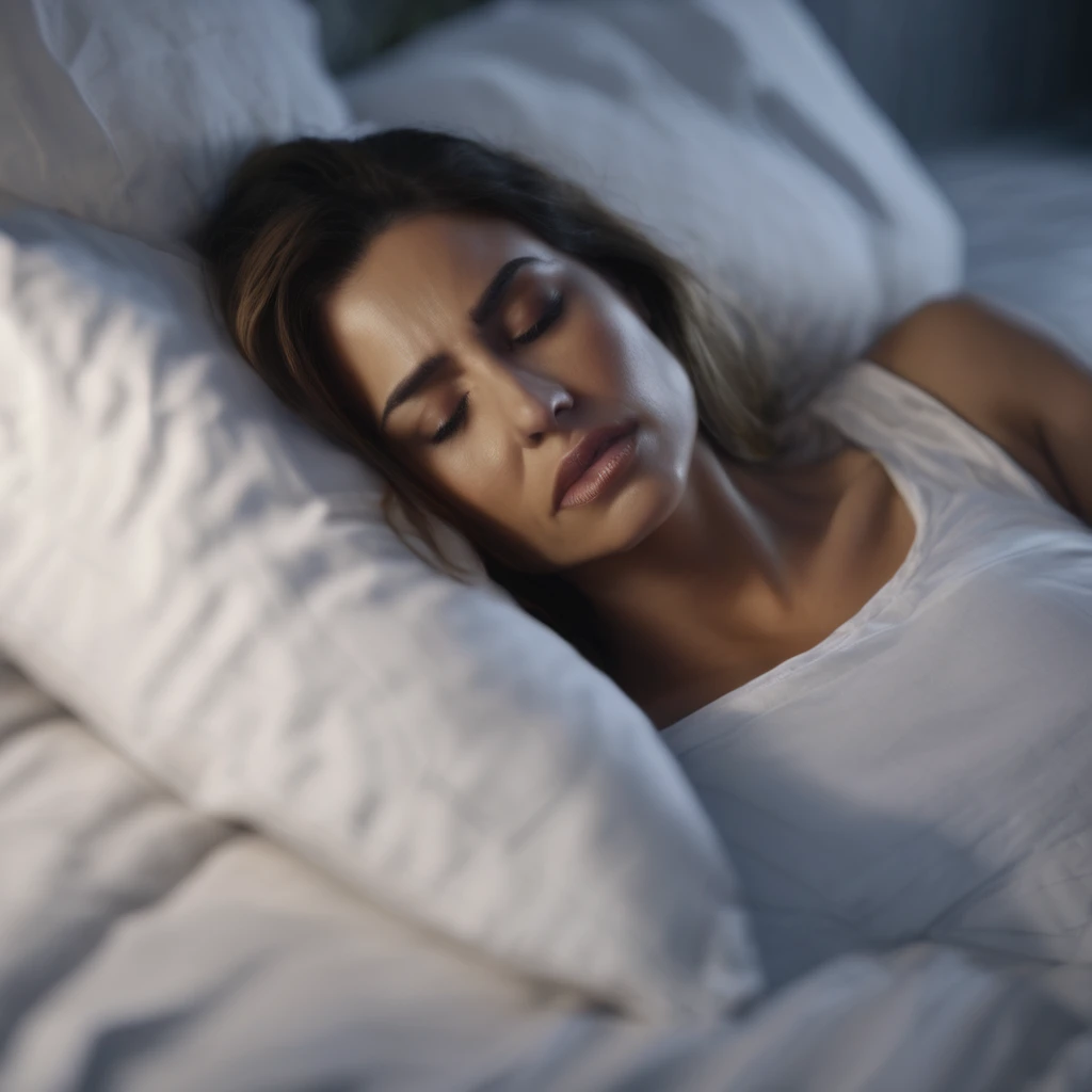 a woman lying DEAD in a bed, asphyxiated after being smothered by a pillow, your eyes are glassy and mouth slightly open after death. REALISTIC, 4K