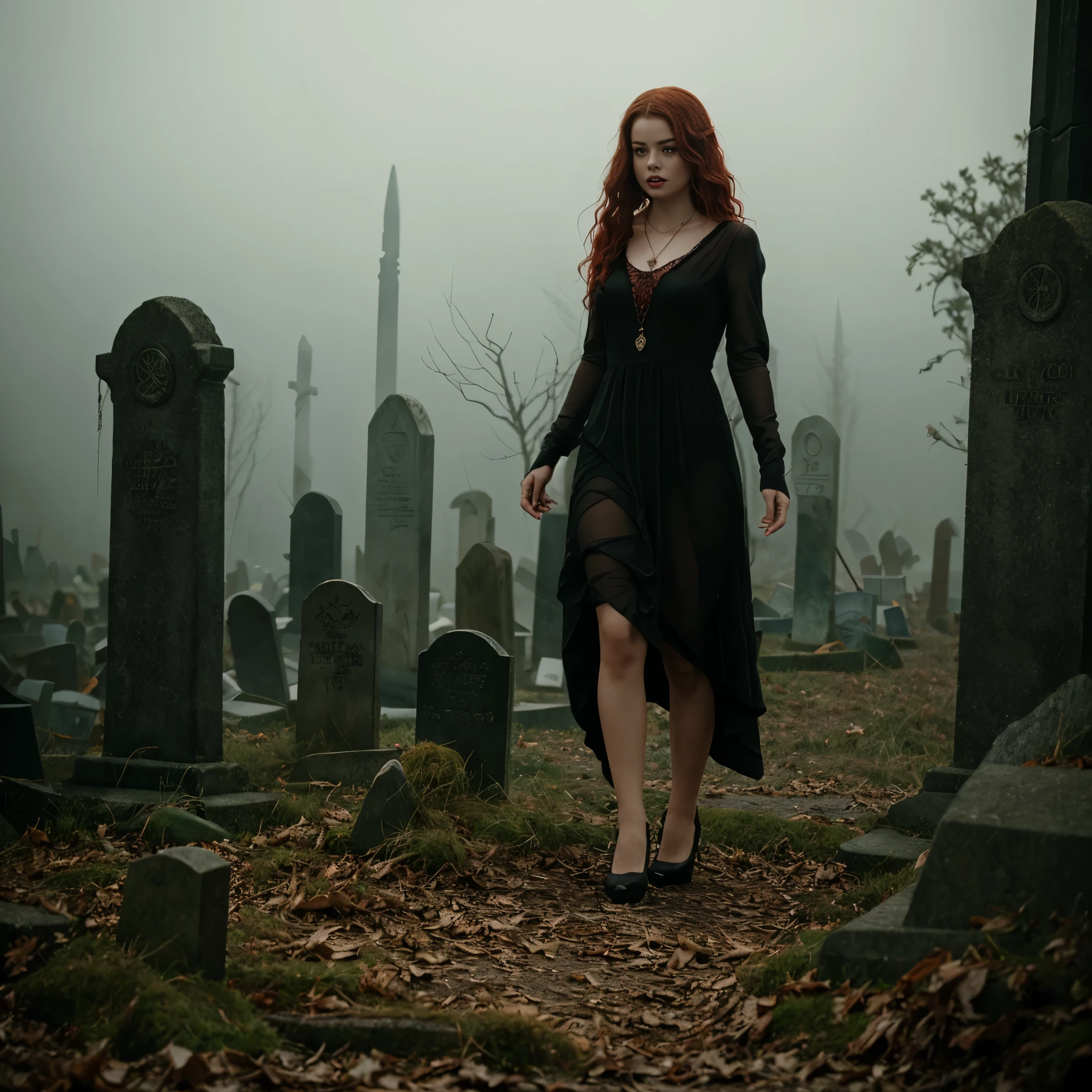 arafed woman in a black dress with short messy wavy red hair and a necklace, lotr, promotional still,  joy vampire queen, artstyle tom bagshaw, beautiful female vampire, carmilla vampire, portrait of a elder witch, vampire fashion, samara weaving vampire, tom bagshaw weta studio, with red hair, photo still, witchy clothing, beautiful female witch in fog filled graveyard, full body figure