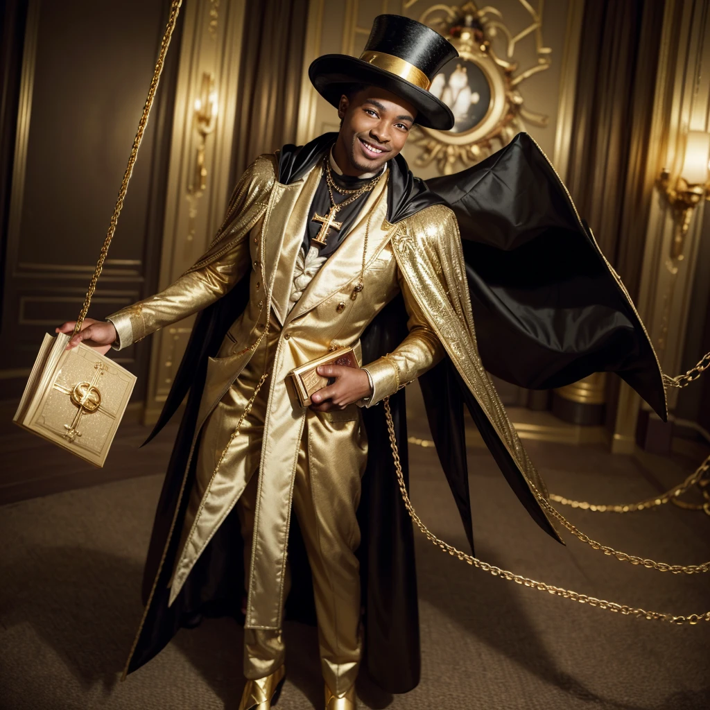 
(black man), (wearing a gold cape), (gold shoe), (gold cross neck chain), (wide smile), (inside Scrooge McDuck's treasure), (wearing a gold top hat), gold cane ), (golden goat at his side), (holds a golden book),