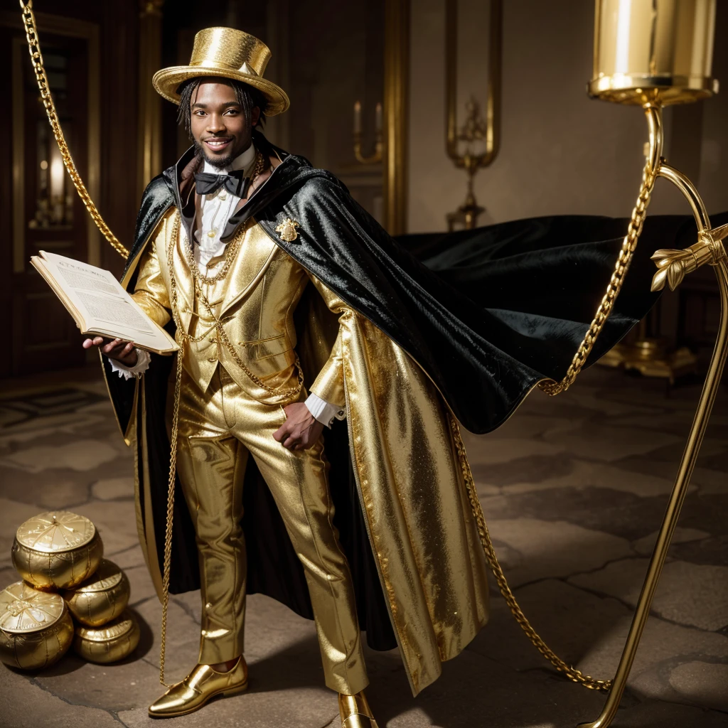 (black man), (wearing a gold cape), (gold shoe), (gold cross neck chain), (wide smile), (inside Scrooge McDuck's treasure), (wearing a gold top hat), gold cane ), (golden goat at his side), (holds a golden book),