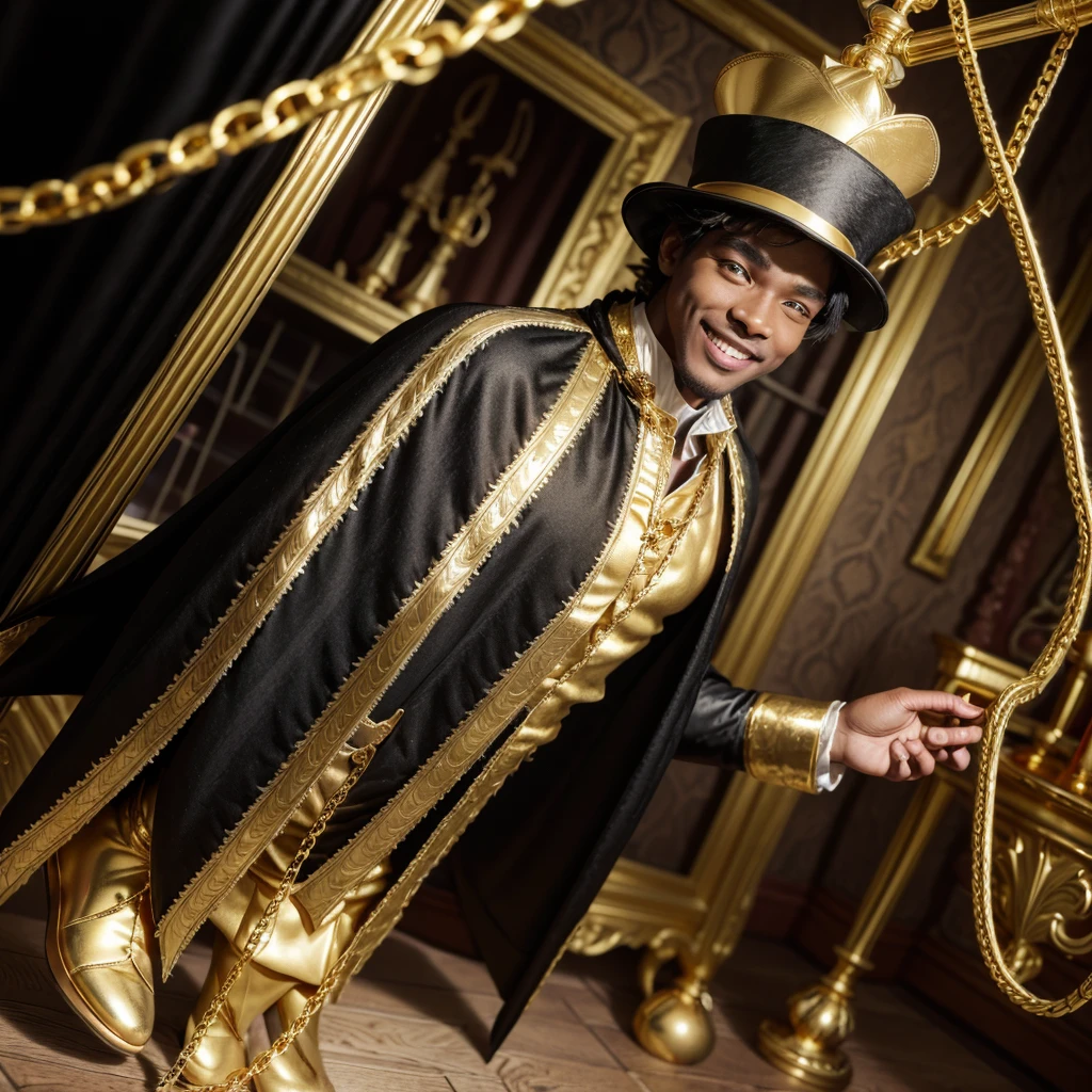 (black man), (wearing a gold cape), (gold shoe), (gold cross neck chain), (wide smile), (inside Scrooge McDuck's treasure), (wearing a gold top hat), gold cane ), (golden goat at his side), (holds a golden book),