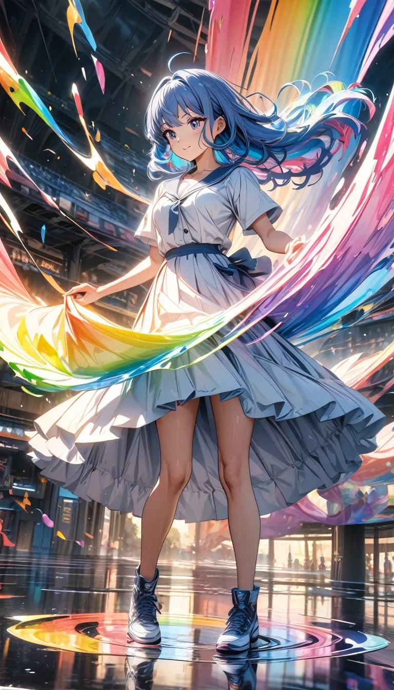 Anime style, masterpiece, ultra-detailed, 8K, a girl with blue hair with rainbow-colored water dancing around her. Rotating rainbow-colored water. Reflective floor.