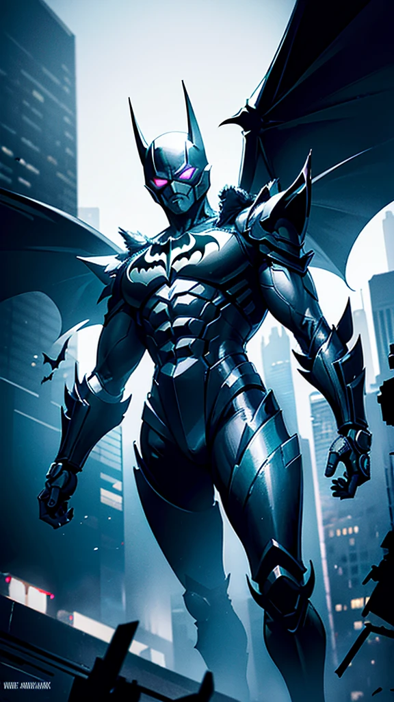 Create a highly detailed digital artwork of Batman in a futuristic, armored suit. The suit should be heavily mechanized with intricate mechanical components and advanced technology. The setting is a neon-lit cityscape at night, with towering buildings and bright signs in the background. Batman's armor should have a sleek, metallic finish with glowing accents and a prominent Bat symbol on the chest. The atmosphere should convey a cyberpunk aesthetic, with a dark and moody color palette.