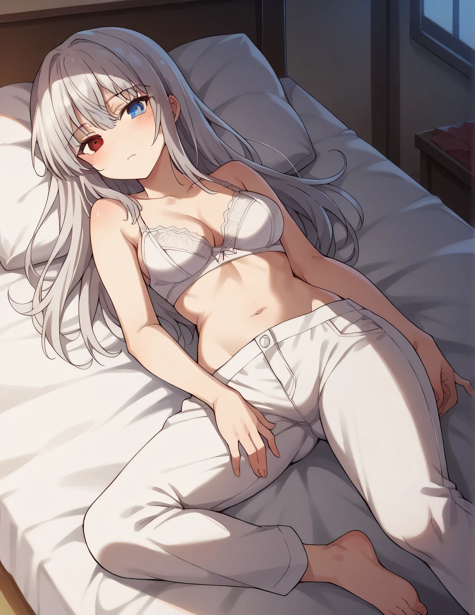 1girl, solo, full length, long hair, medium , looking at viewer, bangs, heterochromia, blue eyes, red eyes, blush, lying, nudes, legs, cleavage, br bra, bare shoulders, underpants, indoors, on the bed, white bra, white underpants, blush, open belly, closed mouth, open navel, open neck, heterochromia, open neck, open legs,