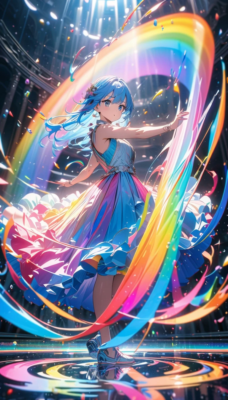 Anime style, masterpiece, ultra-detailed, 8K, a girl with blue hair with rainbow-colored water dancing around her. Rotating rainbow-colored water. Reflective floor.