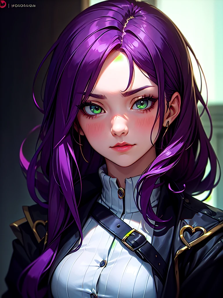 ((Portrait)), She has an Elegant, Purple-Haired Appearance, with Youthful Charm, Fair Skin, and a Muscular Build. She Expresses a Serious and Blushing Look, Giving Off an Introverted Attitude. She has Light Green Eyes, and Her Hair is Short and Neat, Dark Purple, with Strands Falling Over Her Face, Covering Her Eye. She Wears a Large Dark Winter Coat, with Tight-fitting Straps. ((Portrait, HDR, Dark Background))