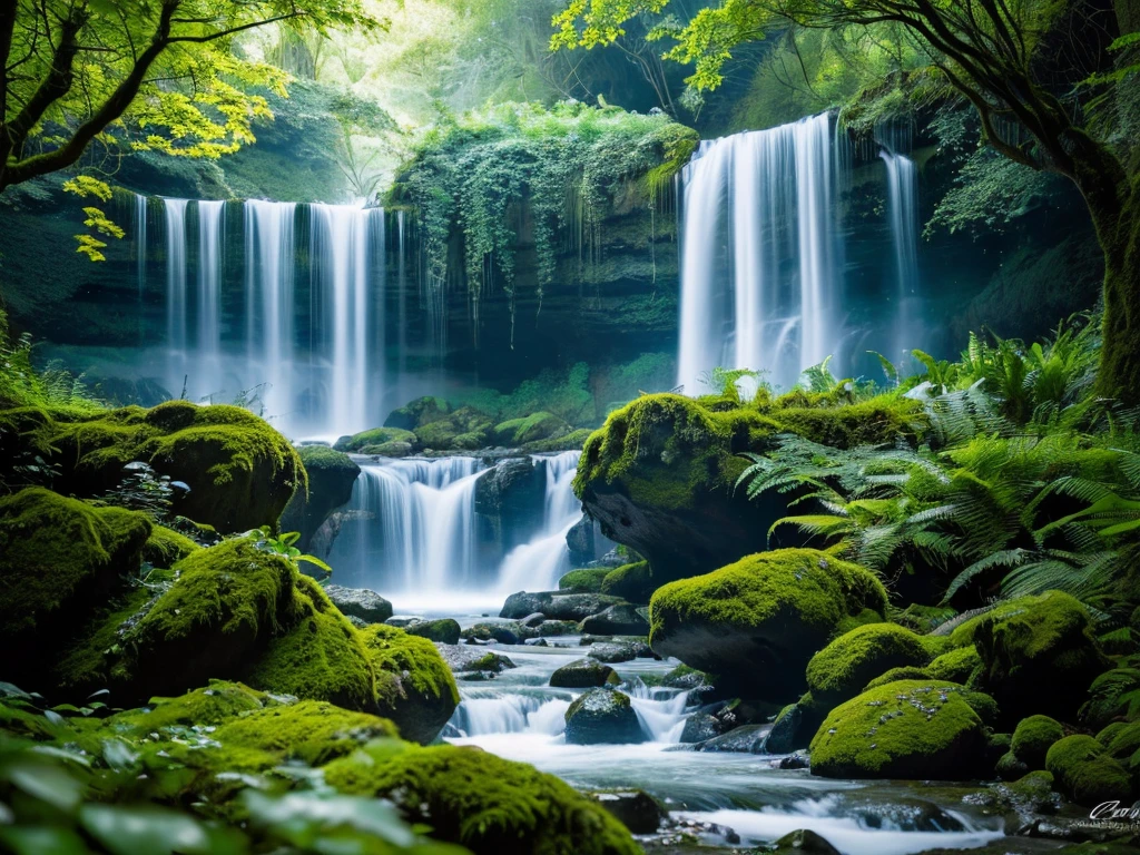 a breathtaking waterfall in a lush, verdant forest, (best quality,4k,8k,highres,masterpiece:1.2),ultra-detailed,(realistic,photorealistic,photo-realistic:1.37),dramatic lighting, dramatic shadows, intricate details, serene atmosphere, stunning natural beauty, intricate foliage, mossy rocks, crystal clear water, long exposure, dramatic cloudy sky, warm color palette