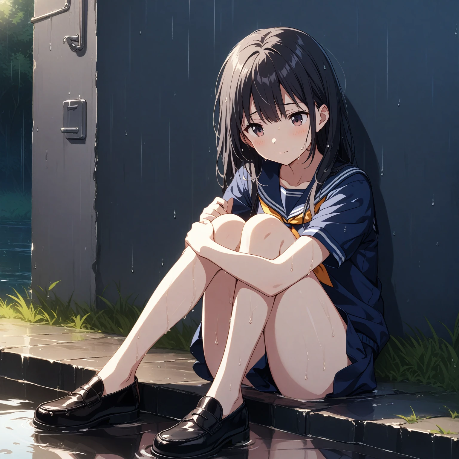 1girl、Black Hair、Sailor suit、Wet clothes、Wet Hair、Grass、heavy rain、evening、Reflection on the water、puddle、deep faint light 、 detailed CG、high resolution