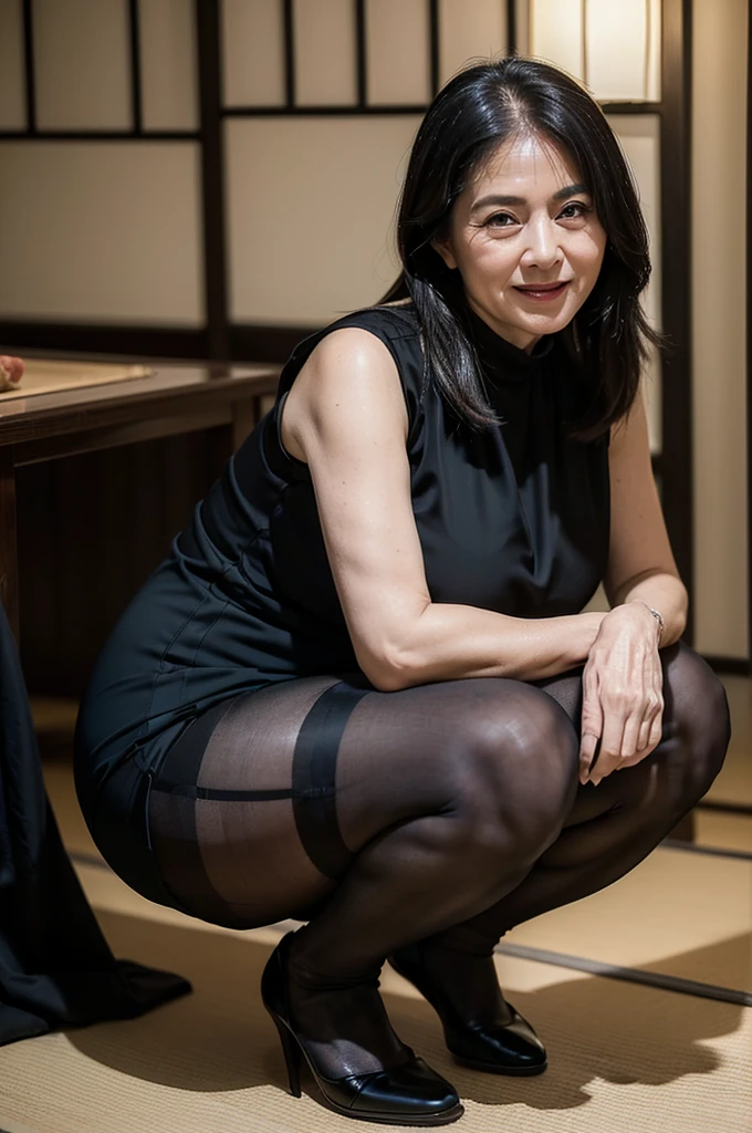 (masterpiece:1.4),(63-year-old woman:1.5),(facial wrinkles 1.2),A kind smile, (long hair : 1.1), (sleeveless black mourning dress), (black nylon tights : 1.2), Motherhood Mature Woman, plump arms, plump thighs, (focus on thighs : 1), squatting on tatami, traditional japanese room,