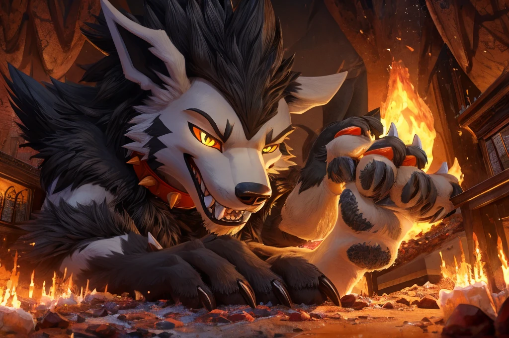 Macro Male Mightyena (pokemon), smug expression, big teeth, high contrast, 8k HD, detailed, hyper-detailed, primary fur Grey, secondary fur Black, yellow eyes, orange spiky collar, best quality, ultra high res, Bully, Teasing, Flirty, Being worshipped, Foot massage