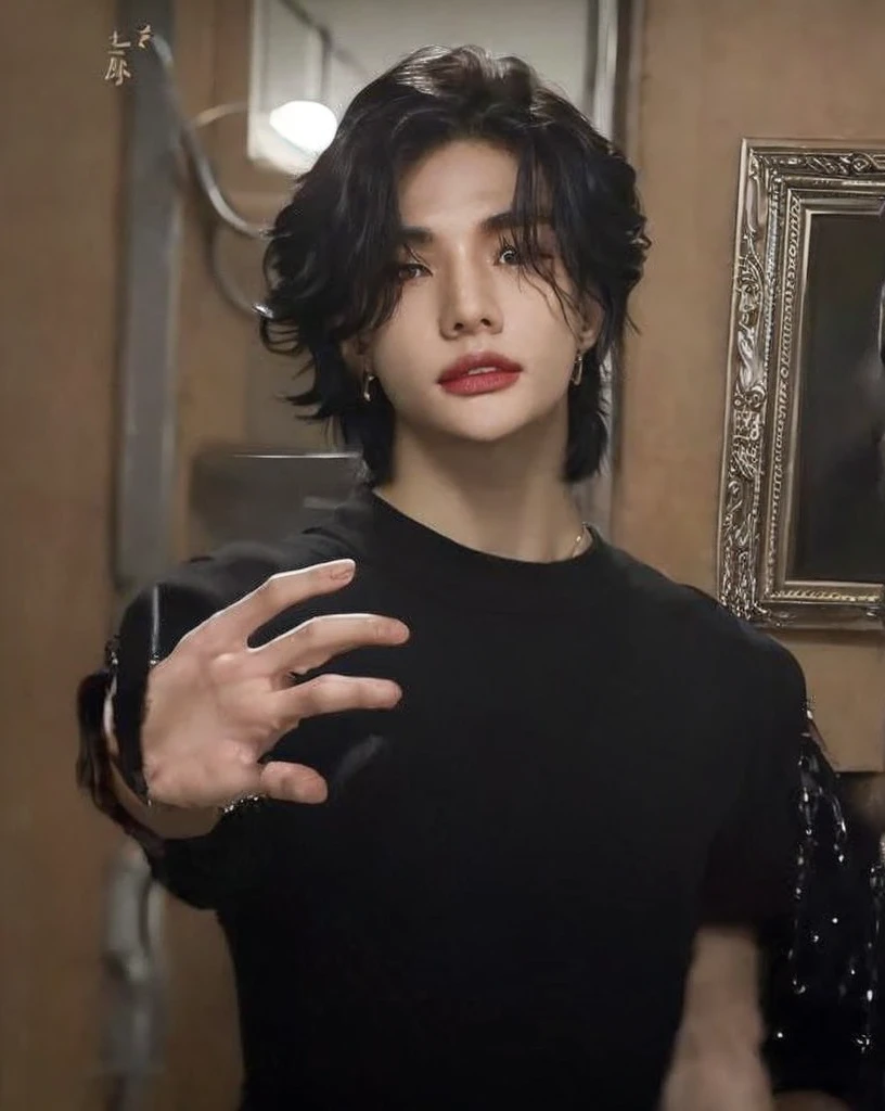 HYUNJIN HWANG, black wavy hair, highlighted cheekbones, thick lips, iris grises, slanted eyes. 