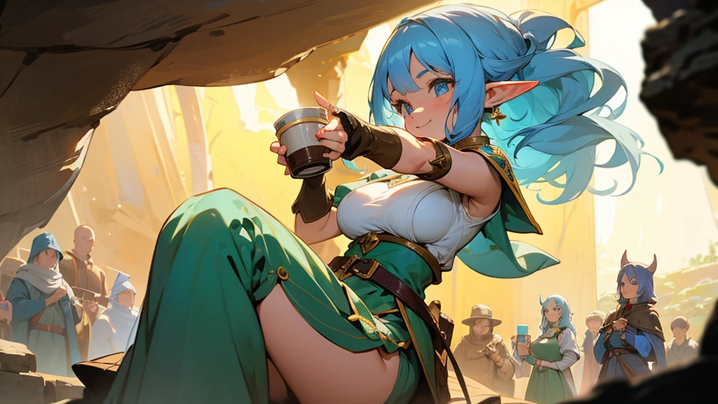 Anime Style,Nostalgic,Detailed background,The medieval world,A busy cave full of people,A beautiful smiling elf bard with light blue hair holding a cup of coffee,Large Breasts,Healthy thighs,Underarm