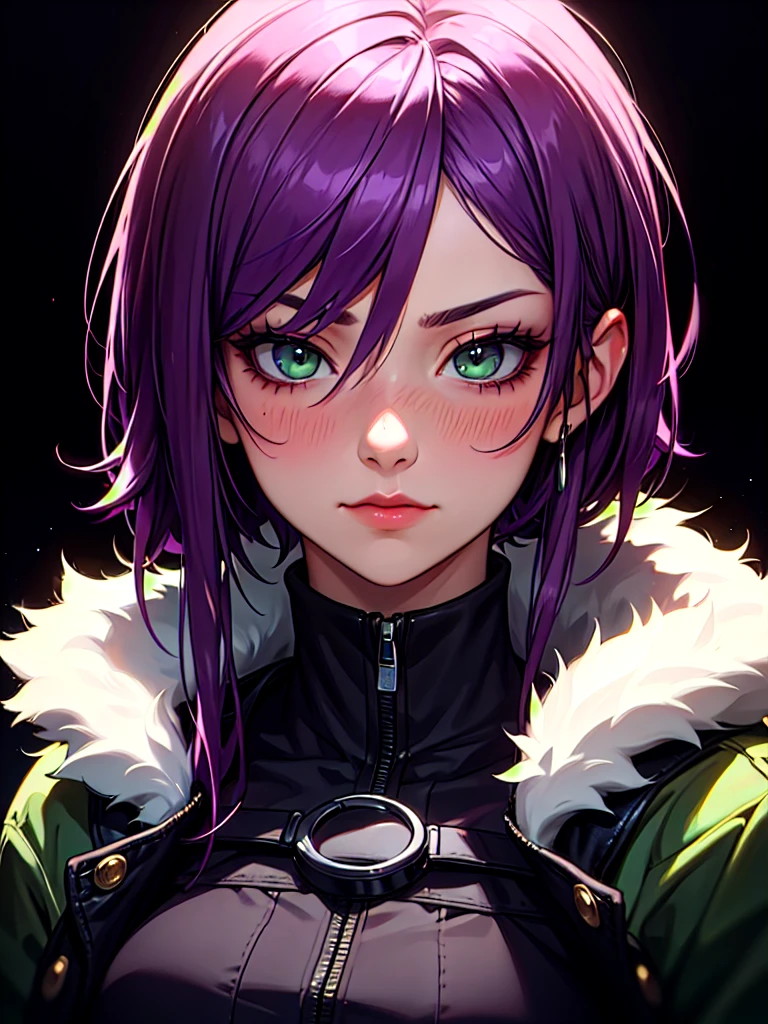 ((Portrait)), She has an Elegant, Purple-Haired Appearance, with Youthful Charm, Fair Skin, and a Muscular Build. She Expresses a Serious and Blushing Look, Giving Off an Introverted Attitude. She has Light Green Eyes, and Her Hair is Short and Neat, Dark Purple, with Strands Falling Over Her Face, Covering Her Eye. She Wears a Large Dark Winter Coat, with Tight-fitting Straps. ((Portrait, HDR, Dark Background))