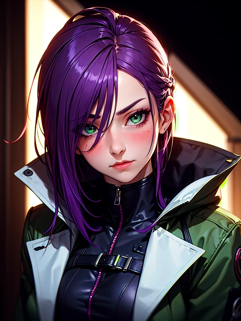 ((Portrait)), She has an Elegant, Purple-Haired Appearance, with Youthful Charm, Fair Skin, and a Muscular Build. She Expresses a Serious and Blushing Look, Giving Off an Introverted Attitude. She has Light Green Eyes, and Her Hair is Short and Neat, Dark Purple, with Strands Falling Over Her Face, Covering Her Eye. She Wears a Large Dark Winter Coat, with Tight-fitting Straps. ((Portrait, HDR, Dark Background))