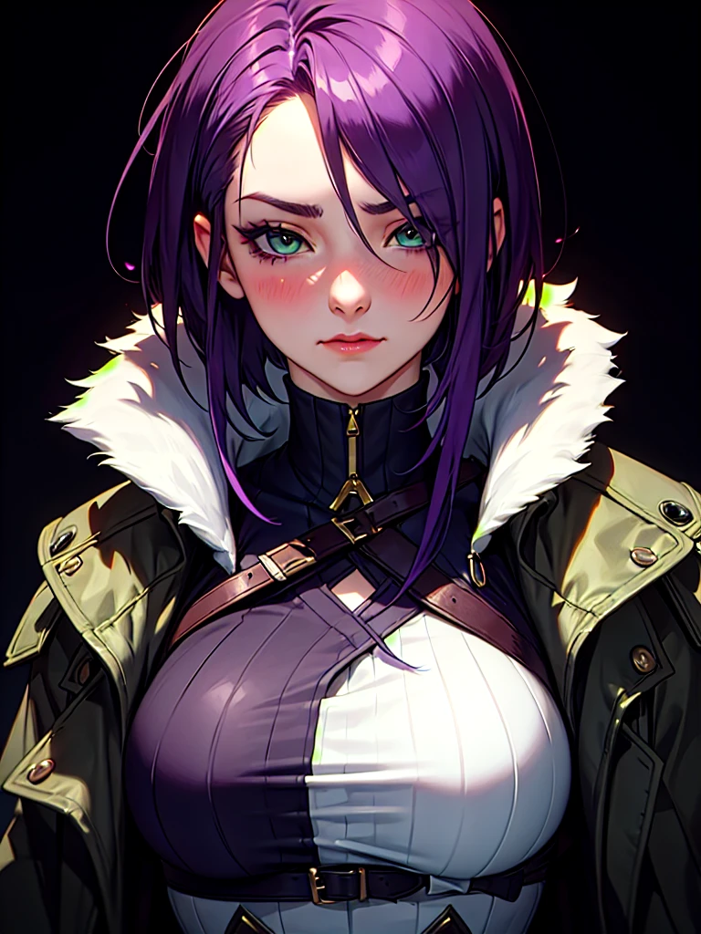 ((Portrait)), She has an Elegant, Purple-Haired Appearance, with Youthful Charm, Fair Skin, and a Muscular Build. She Expresses a Serious and Blushing Look, Giving Off an Introverted Attitude. She has Light Green Eyes, and Her Hair is Short and Neat, Dark Purple, with Strands Falling Over Her Face, Covering Her Eye. She Wears a Large Dark Winter Coat, with Tight-fitting Straps. ((Portrait, HDR, Dark Background))
