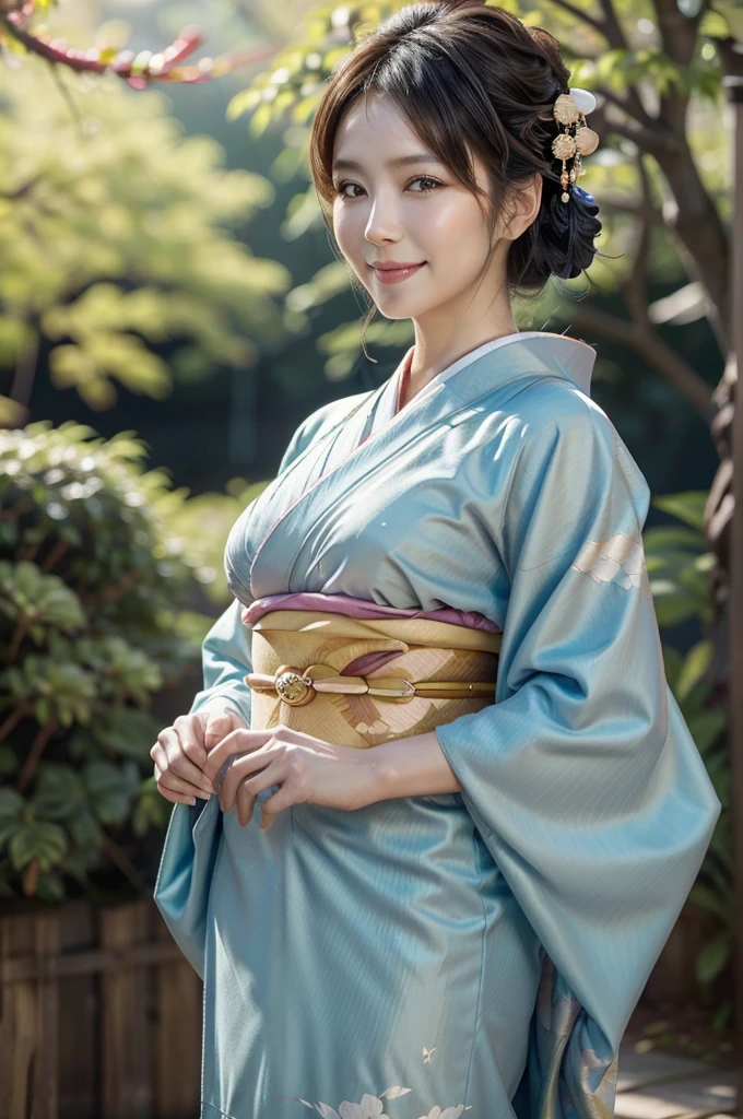 (masterpiece, highest quality, Realistic, High resolution, photograph, :1.3), Sharp focus, 1 Cute Japanese mature woman, 40 years old, Hot Model, gentle face, Highly detailed eyes and pupils, Realistic Skin, ((Voluptuous body)), Neckline, Highly detailed hair, Delicate face, Sensual look, Bright lips, Chubby lips, Natural Lip, big thick thighs, ((kimono:1.5)), ((whole body shot)), looking at viewer, smile, ((from below)), (((Trendy hairstyles:1.2))), ((hair ornament:1.2)), autumn setting, autumn trees and leaves