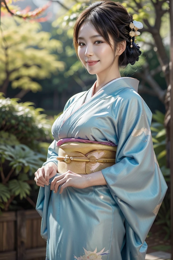 (masterpiece, highest quality, Realistic, High resolution, photograph, :1.3), Sharp focus, 1 Cute Japanese mature woman, 40 years old, Hot Model, gentle face, Highly detailed eyes and pupils, Realistic Skin, ((Voluptuous body)), Neckline, Highly detailed hair, Delicate face, Sensual look, Bright lips, Chubby lips, Natural Lip, big thick thighs, ((kimono:1.5)), ((whole body shot)), looking at viewer, smile, ((from below)), (((Trendy hairstyles:1.2))), ((hair ornament:1.2)), autumn setting, autumn trees and leaves