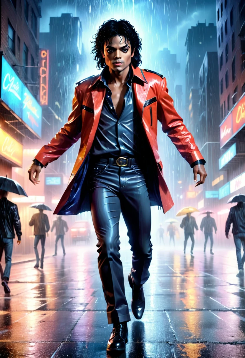 portrait of a michael jackson dancing thriller in the rainy night cityscape, highly detailed, cinematic lighting, dramatic composition, moody atmosphere, vibrant colors, photorealistic, 8k, (best quality,4k,8k,highres,masterpiece:1.2),ultra-detailed,(realistic,photorealistic,photo-realistic:1.37),dramatic lighting,neon lights,wet asphalt,rainy weather,city buildings,stormy sky,dramatic pose,intense facial expression,iconic dance moves,high level of detail