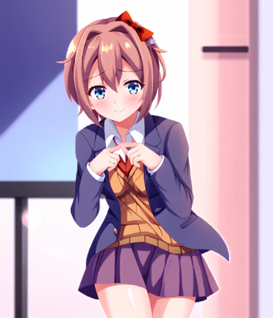 one girl, Sayori, DDLC, school blazer, hair bow, close to girl, light blue eyes, beautiful, index finders together, ashamed, blush, upward glance, dry smile, index finders, shifty eyes, short skirt, girl focus