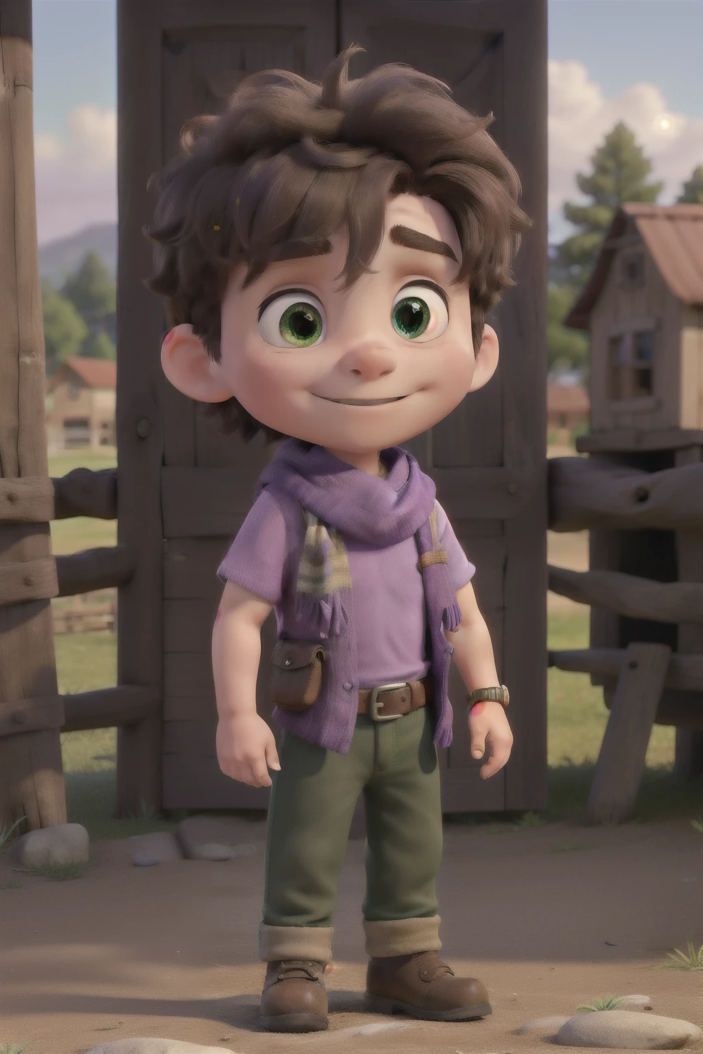 masterpiece, best quality. A small brave boy and a scarf on, wearing a purple tshirt and green pants, standing at the farm