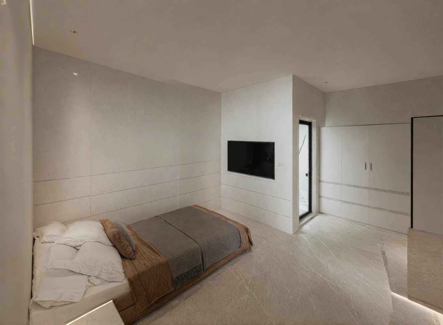 Raw photo,Masterpiece, high quality, best quality, authentic, super detail,
indoors, interior , (( BEDROOM:1.3 )), modern style, daylight, (WHITE WALL),luxury, marble tile floor