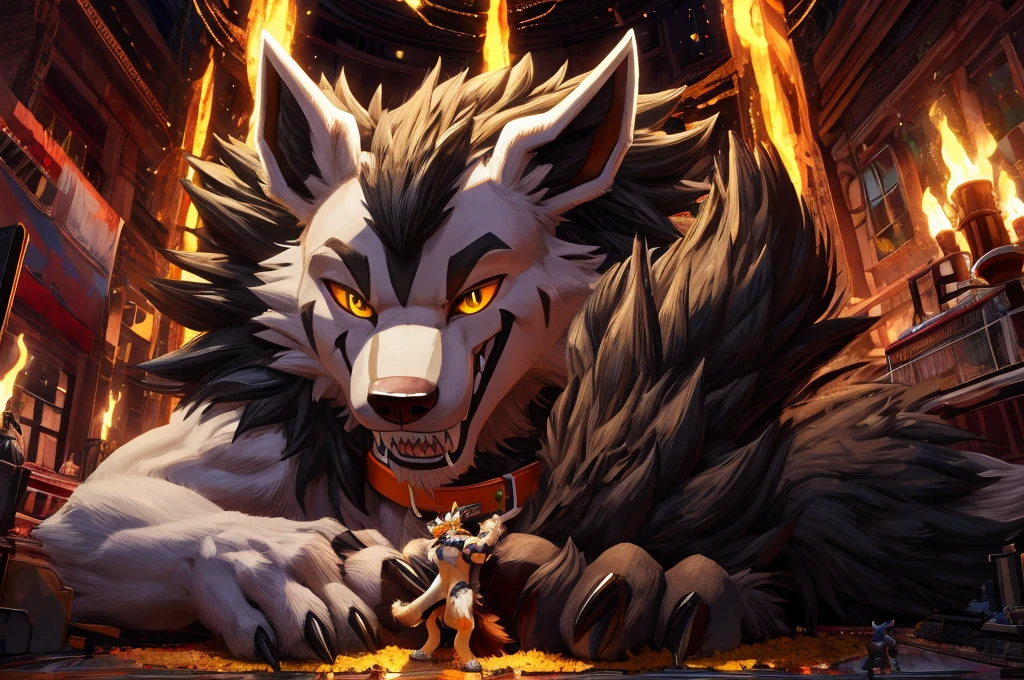 Macro Male Mightyena (pokemon), smug expression, big teeth, high contrast, 8k HD, detailed, hyper-detailed, primary fur Grey, secondary fur Black, yellow eyes, orange spiky collar, best quality, ultra high res, Bully, Teasing, Flirty, Being worshipped, Foot massage