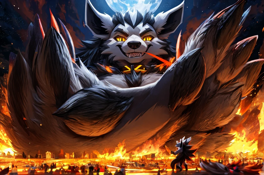Macro Male Mightyena (pokemon), smug expression, big teeth, high contrast, 8k HD, detailed, hyper-detailed, primary fur Grey, secondary fur Black, yellow eyes, orange spiky collar, best quality, ultra high res, Bully, Teasing, Flirty, Being worshipped, Foot massage