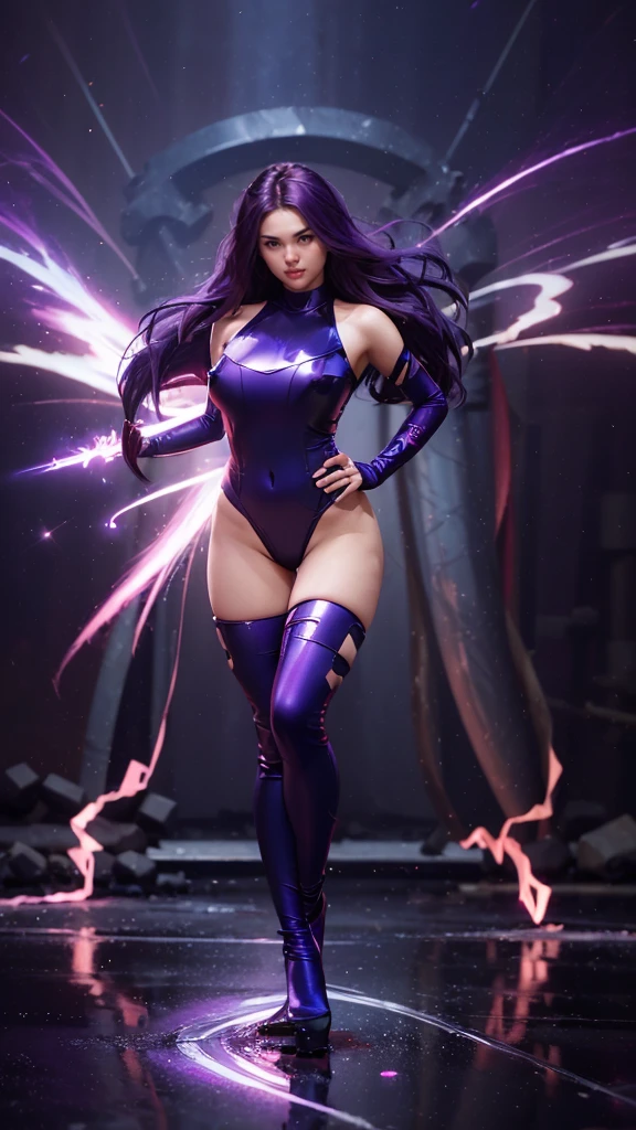 (masterpiece), (best quality), (ultra detailed), (epic lights reflections), glowing, luminous neon lights, 1girl, red eyes, purple hair, full makeups, red lips, fit body hair blown by strong winds, she is Psylocke, hair blown by winds, ((full body)), symmetrical pose, model posing in the middle, 