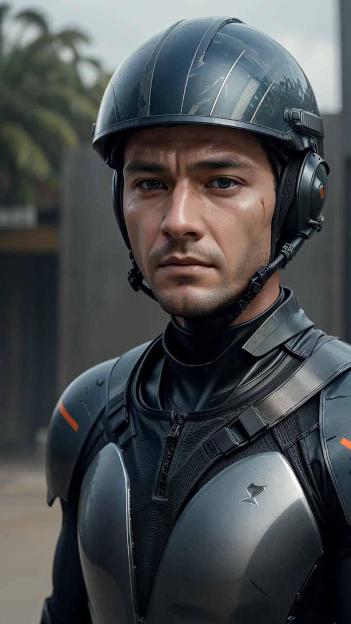 there is a man wearing a helmet and a wet suit, cinematic still frame, edgar maxence and ross tran, face close - up, futuristic soldier, movie still of a tired, by Pierre Laffillé, military, without helmet, male with halo, shattered earth, chappie, colour corrected