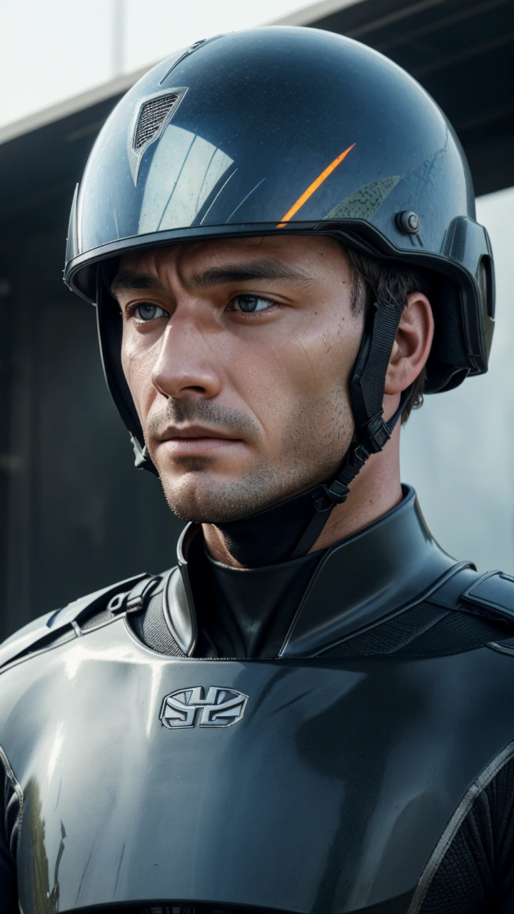 there is a man wearing a helmet and a wet suit, cinematic still frame, edgar maxence and ross tran, face close - up, futuristic soldier, movie still of a tired, by Pierre Laffillé, military, without helmet, male with halo, shattered earth, chappie, colour corrected  