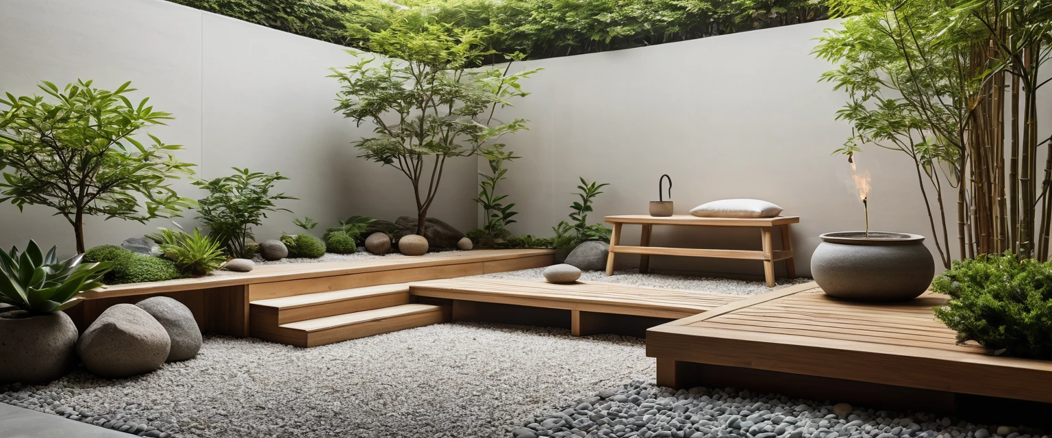 A high-resolution, minimalist Muji style garden corner with a serene ambiance. The space features clean lines and a neutral color palette, incorporating natural materials such as wood and stone. A small zen area with carefully placed pebbles and potted plants creates a peaceful atmosphere. A simple wooden bench provides a cozy spot for relaxation. Subtle decorative elements like bamboo accents and a small water feature add to the tranquility. ((8k)), ((UHD)), high quality detail, depth of field effect, no yapping.