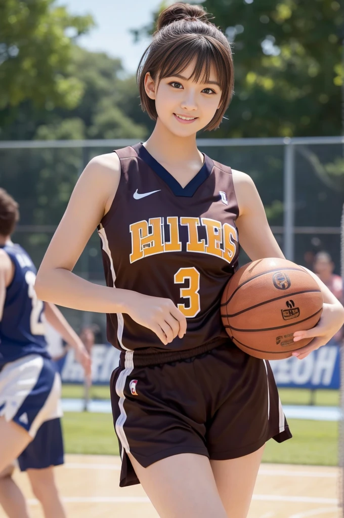 a basketball girl player in uniform dribbling ball in basketball match, 1girl, basketball, basket uniform, solo, short hair, realistic, brown hair, large breasts, brown eyes, beautiful, model, best quality, masterpiece, cute, various posing, clear face, ultra high res, (photorealistic) , High detail RAW, [:(highly detail face: 1.3):0.1], Top quality, age 21, 35mm lens, f/1, seductive smile.