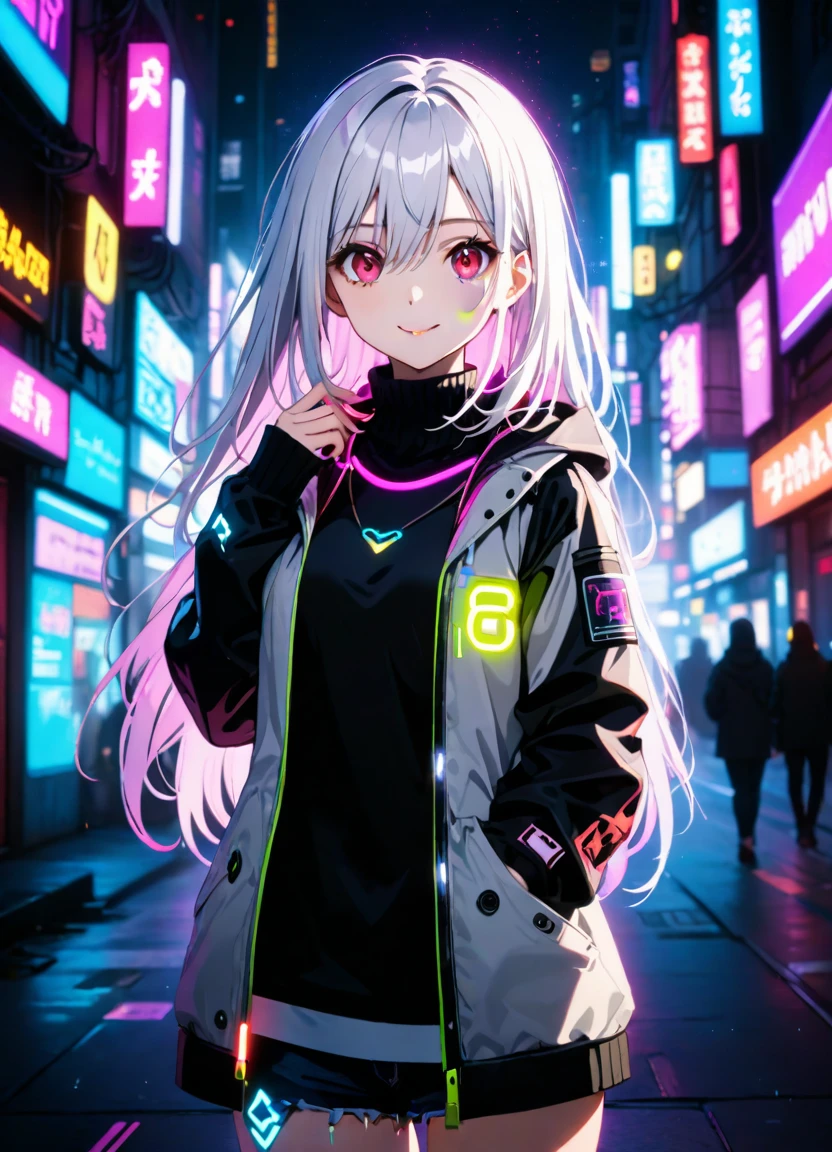 1girl, , slim, small breasts, white hair, hairs between eyes, shoulder length hair, pale skin, bright red eye:1.3, white duffle coat and long-sleeve black sweater, open jacket, jeans, gold pocket watches hanging from the neck, BREAK kawaii, smile, cowboy shot, pose, (cyberpunk night city:1.3), neon light, (light particle:1.3), BREAK smooth skin, cinematic lighting, volumetric shadow, BREAK source_anime, score_9, score_8_up, score_7_up, (masterpiece:1.2), (best quality:1.2), (very aesthetic:1.2), (absurdres:1.2), (detailed background), newest, (intricate:1.2), ai-generated, BREAK