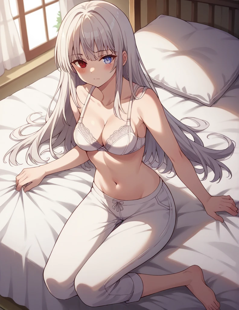 1girl, solo, full length, long hair, medium breasts, looking at viewer, bangs, heterochromia, blue eyes, red eyes, blush, lying, nude, naked, legs, cleavage, brassiere, bra, bare shoulders, underpants, indoors, on the bed, white bra, white underpants, blush, open belly, closed mouth, open navel, open neck, heterochromia, open neck, bare legs, white underpants,