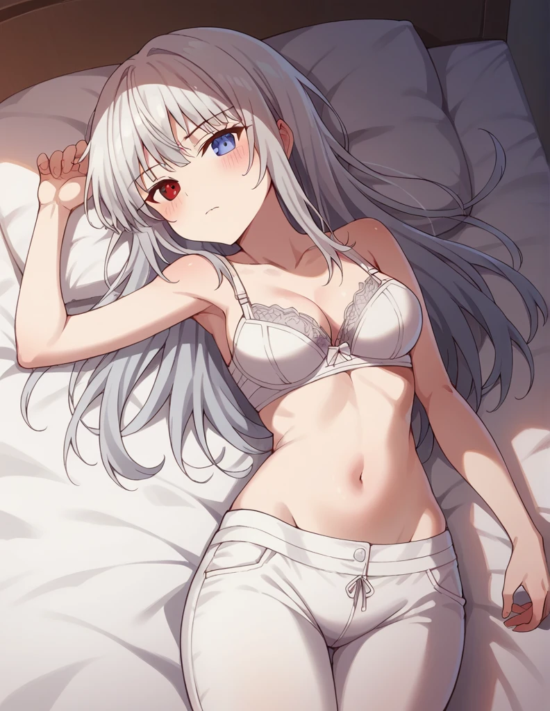 1girl, solo, full length, long hair, medium breasts, looking at viewer, bangs, heterochromia, blue eyes, red eyes, blush, lying, nude, naked, legs, cleavage, brassiere, bra, bare shoulders, underpants, indoors, on the bed, white bra, white underpants, blush, open belly,  closed mouth, open navel, open neck, heterochromia, open neck, bare legs, white underpants, 