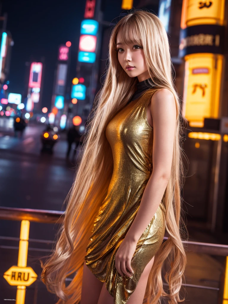 masterpiece, UHD, textured skin, Highest quality, super detail, highres, Surrealism,one girl,japanese,long hair,gold hair, In the neon city,wear a dress,whole body