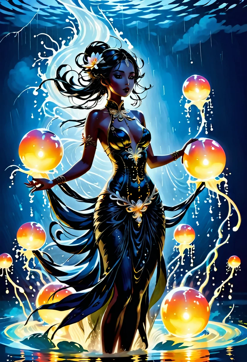 (rainstorm:1.5)，Rain splash，Huge waterspout，In the middle of the lake, Mysterious female black silhouette in the middle of the night, Surrounded by glowing spheres, Summoners dance to appease the spirits of the dead. Ceremonial canvas clothing. Sensual. Multiple magic arrays. Dynamic dance. Water Lily. Colorful palette.