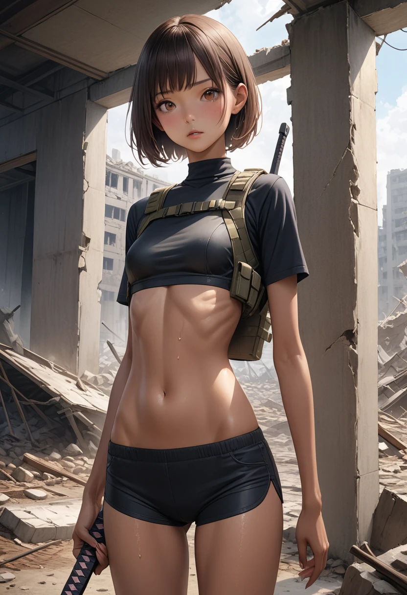 ((masterpiece,Highest quality:1.3,best quality illustration)),realistic,cowboy shot,1woman,30 year old Japanese beauty,Special Forces Female Soldier、((very small head:1.2)),brown short bob hair,bangs,brown eyes,gorgeous eyes,blush,small breasts,((very long body:1.2)),((toned body,slender body,skinny,tan skin)),(Black turtleneck、Short sleeve、Black tactical vest、Black shorts、Holding an accurately depicted Japanese sword),gleaming skin,shiny skin,sweat,standing,war、Collapsed building、ruins、