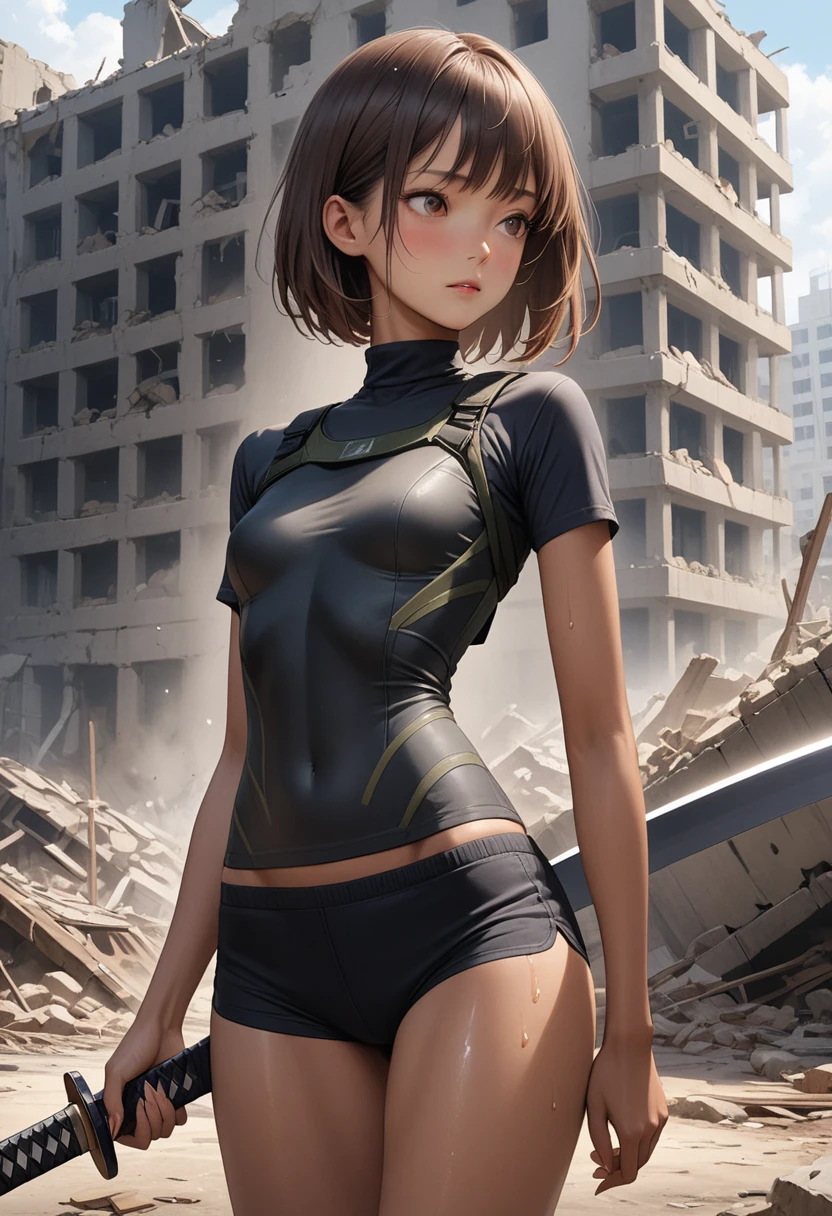 ((masterpiece,Highest quality:1.3,best quality illustration)),realistic,cowboy shot,1woman,30 year old Japanese beauty,Special Forces Female Soldier、((very small head:1.2)),brown short bob hair,bangs,brown eyes,gorgeous eyes,blush,small breasts,((very long body:1.2)),((toned body,slender body,skinny,tan skin)),(Black turtleneck、Short sleeve、Black tactical vest、Black shorts、Holding an accurately depicted Japanese sword),gleaming skin,shiny skin,sweat,standing,war、Collapsed building、ruins、