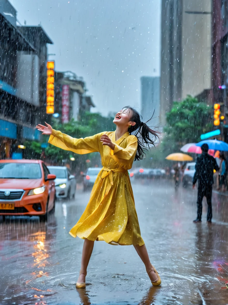 A girl dancing happily in the pouring rain，City，The streets are wet，sparkling，反射着City的灯光，Raindrops poured down around her，Falling on the ground with splashes of water，Her clothes were soaked with rain，Dancing happily，She spins，Arms raised to the sky，Let the rain wash her skin，She has a joyful energy that is contagious，她的笑容比任何路灯都更能照亮灰色的City景观