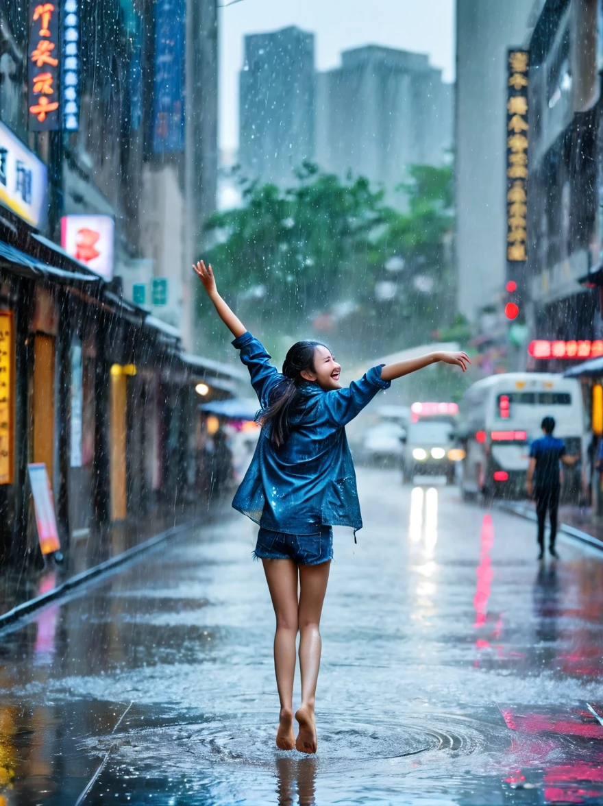A girl dancing happily in the pouring rain,City,The streets are wet,sparkling,反射着City的灯光,Raindrops poured down around her,Falling on the ground with splashes of water,Her clothes were soaked with rain,Dancing happily,She spins,Arms raised to the sky,Let the rain wash her skin,She has a joyful energy that is contagious,她的笑容比任何路灯都更能照亮灰色的City景观