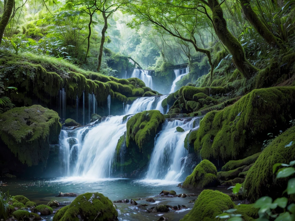 a breathtaking waterfall in a lush, verdant forest, (best quality,4k,8k,highres,masterpiece:1.2),ultra-detailed,(realistic,photorealistic,photo-realistic:1.37),dramatic lighting, dramatic shadows, intricate details, serene atmosphere, stunning natural beauty, intricate foliage, mossy rocks, crystal clear water, long exposure, dramatic cloudy sky, warm color palette